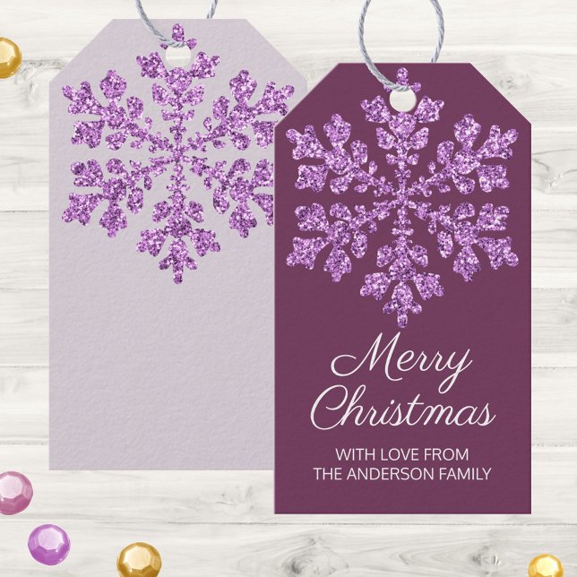 Étiquettes-cadeau Flocon de neige Plum Bling belle couleur Noël (Personalized gift tags in plum purple with faux glitter snowflakes for boxes and bags)