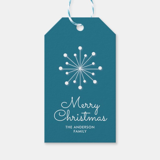 Étiquettes-cadeau Flocon de neige sur Dark Turquoise Joyeux Noël (Devant)