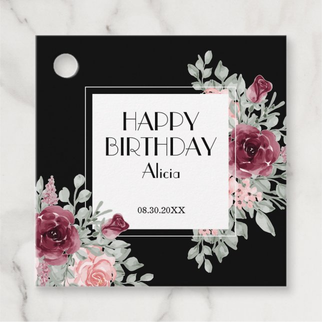 Étiquettes Cadeau Flora rose Bourgogne Noir Joyeux anniversaire (Devant)