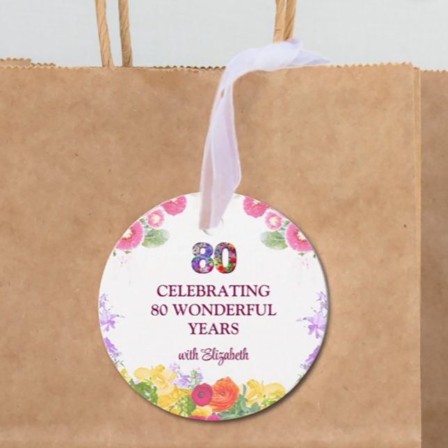 Étiquettes Cadeau Floral 80th Birthday Favor Balise 80 Nom personnal (Créateur téléchargé)
