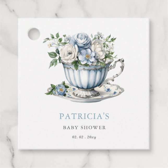 Étiquettes Cadeau Floral Blue Tea Party Baby shower garçon (Devant)