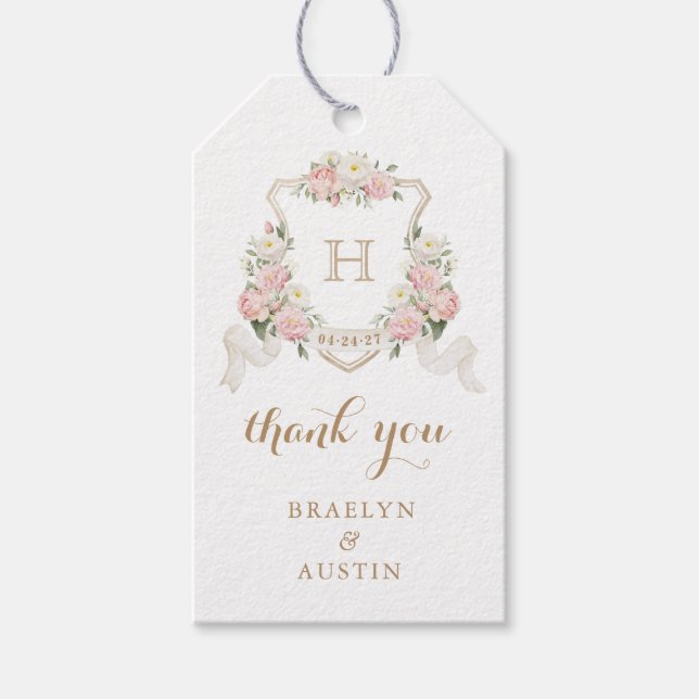 Étiquettes-cadeau Floral Blush Rose Crest Mariage Monogramme Merci (Devant)