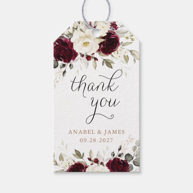 Étiquettes-cadeau Floral Bourgogne Blanc vert Mariage or (Devant)