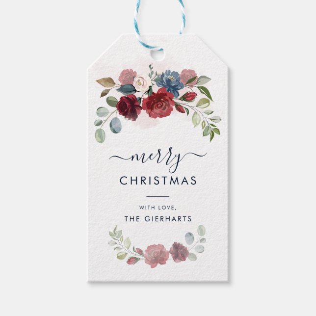 Étiquettes-cadeau Floral Bourgogne Joyeux Noël moderne (Devant)