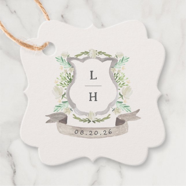 Étiquettes Cadeau Floral Crest Aquarelle Monogramme Mariage (Devant)