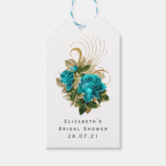 Étiquettes-cadeau Floral d'huile d'or Turquoise et Faux (Devant)