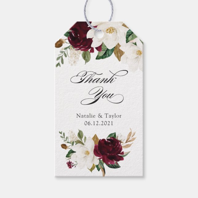 Étiquettes-cadeau Floral Elegant Bourgogne Blanc Magnolia Mariage (Devant)