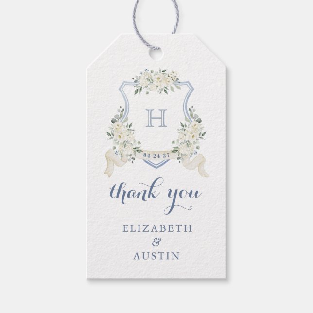 Étiquettes-cadeau Floral Elegant Dusty Blue Crest Mariage Merci (Devant)