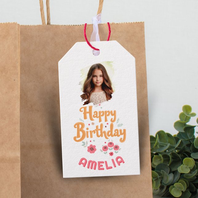 Étiquettes-cadeau Floral Flowers Happy Birthday Handlettering Photo  (Créateur téléchargé)