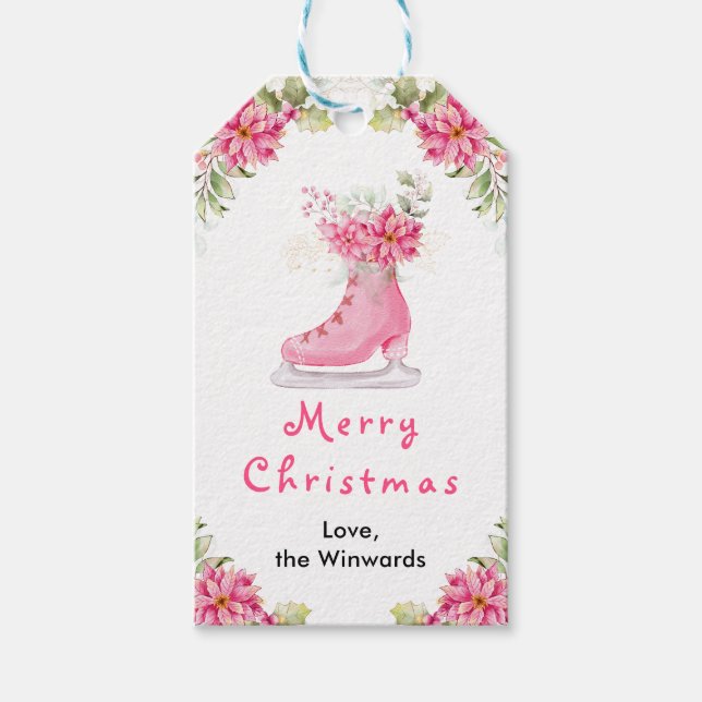 Étiquettes-cadeau Floral Ice Skate Pink Merry Christmas (Devant)