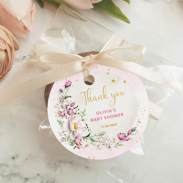 Étiquettes Cadeau Floral Lune Baby shower rose Merci (Créateur téléchargé)