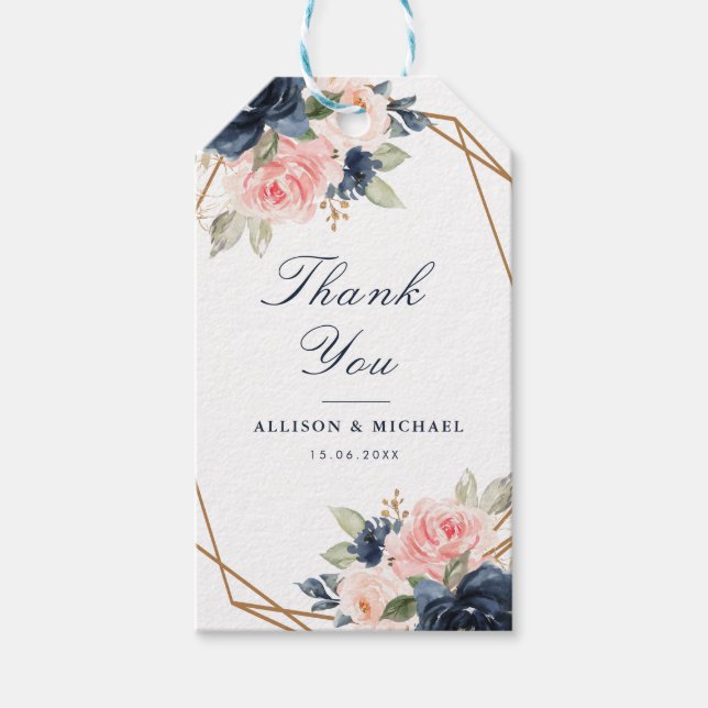 Étiquettes-cadeau Floral Marine & bleu aquarelle mariage géométrique (Devant)