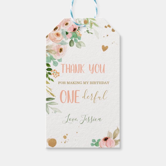 Étiquettes-cadeau Floral Peonies rose Little Miss Onederful Annivers (Devant)