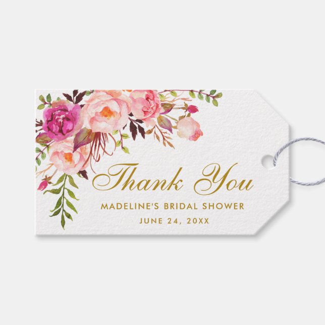 Étiquettes-cadeau Floral Pink Gold Fête des mariées Merci (Devant (Horizontal))