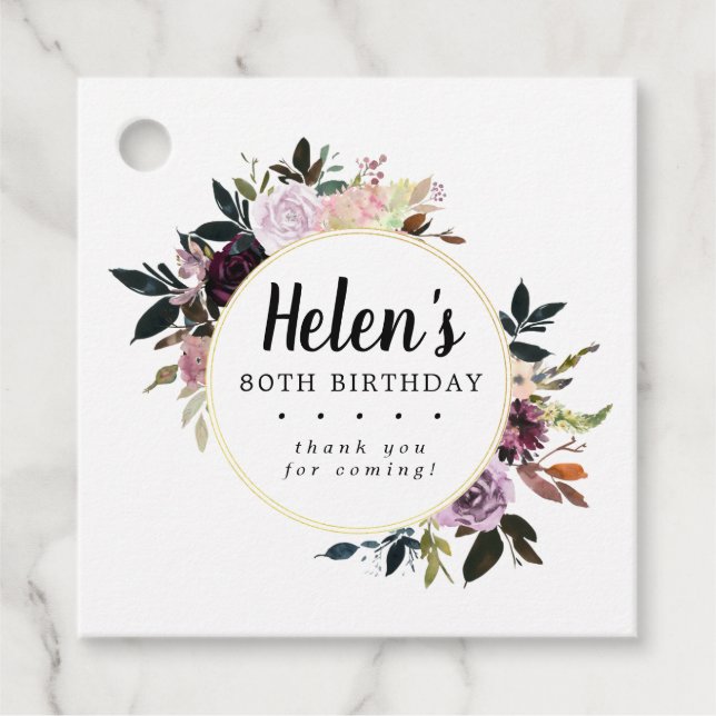 Étiquettes Cadeau Floral pourpre et rose 80e anniversaire (Devant)