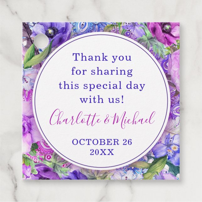 Étiquettes Cadeau Floral Purple Paisley Merci Mariage (Devant)