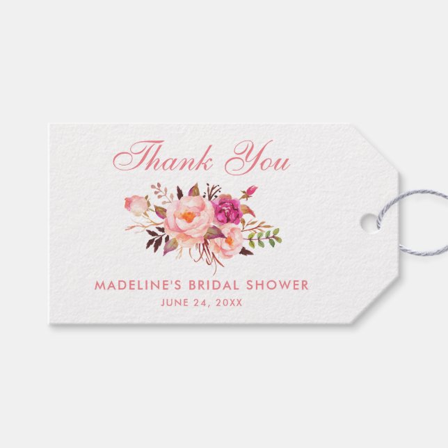 Étiquettes-cadeau Floral rose Fête des mariées blanche Merci (Devant (Horizontal))