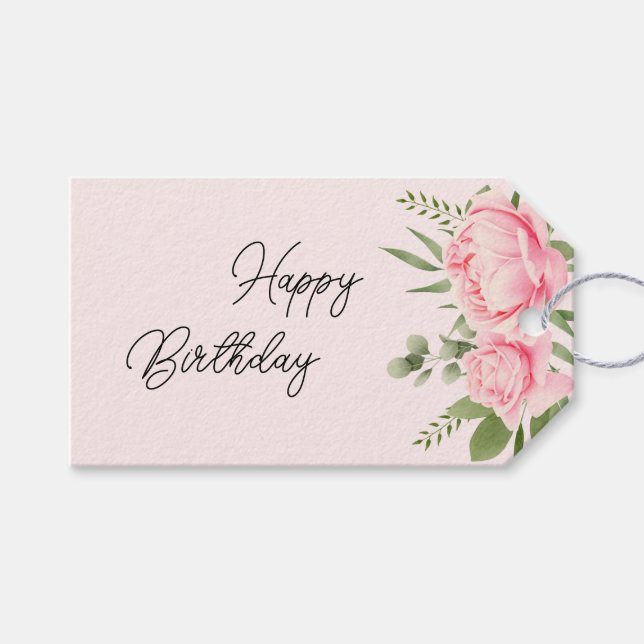 Étiquettes-cadeau Floral rose Joyeux fleurs d'aquarelle d'anniversai (Devant (Horizontal))