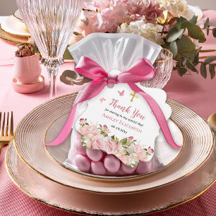 Étiquettes Cadeau Floral rose Merci de la croix d'or des papillons