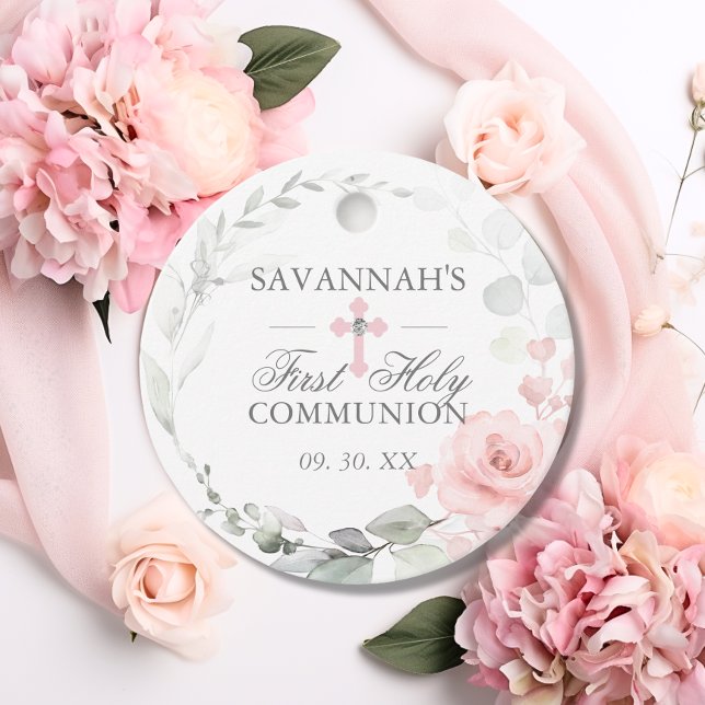 Étiquettes Cadeau Floral rose Premier Merci de communion (Floral Pink First Holy Communion Thank You Favor Tags for girls)