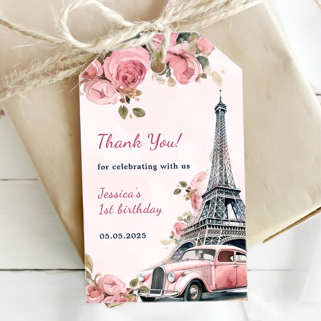 Étiquettes-cadeau Floral Tour Eiffel Paris 1er anniversaire (Créateur téléchargé)
