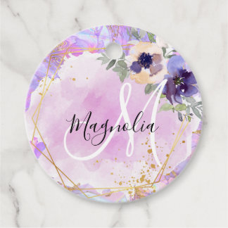 Étiquettes Cadeau Floral violet, rose et or Marbre arc-en-ciel Monog