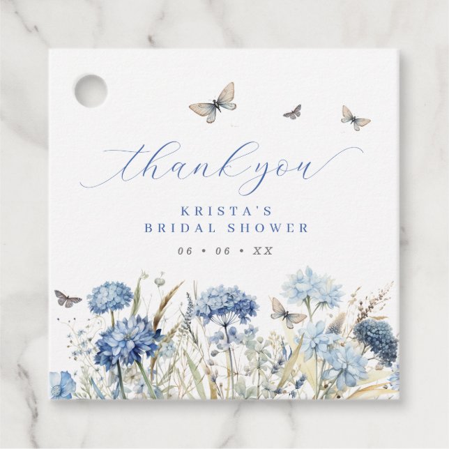 Étiquettes Cadeau Florales bleues et papillons Merci Fête des mariée (Devant)