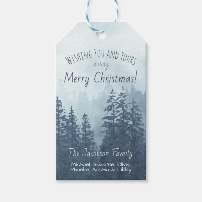 Étiquettes-cadeau Foggy Mountain Blue Pines Russe Holiday (Devant)