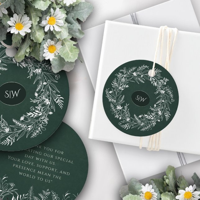 Étiquettes Cadeau Forest Green Leafy  Wreath Monogram Nature (Créateur téléchargé)