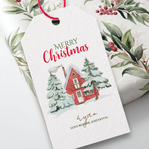Étiquettes-cadeau Forêt d'hiver Ferme Rouge Grange Rustique Noël