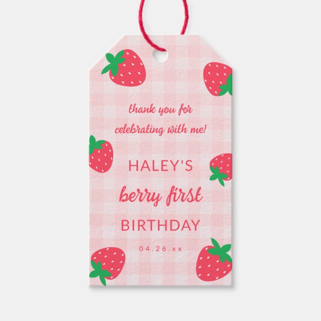 Étiquettes-cadeau Fraise rose mignonne Berry Premier 1er bébé Annive (Devant)