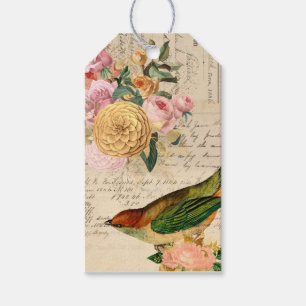 Étiquettes-cadeau Français Vintage oiseau-chanteur rose or roux rose