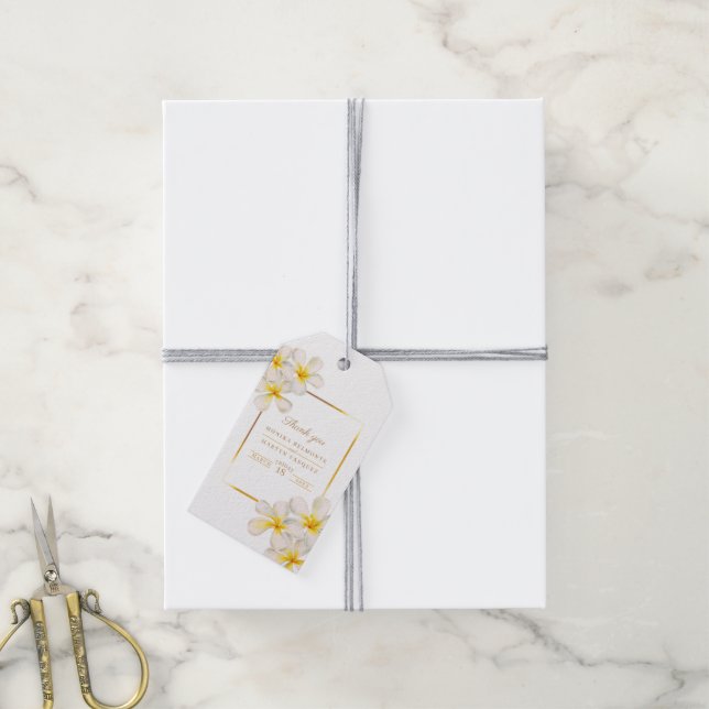 Étiquettes-cadeau Frangipani or blanc mariage d'art des fleurs tropi (Avec de la ficelle)