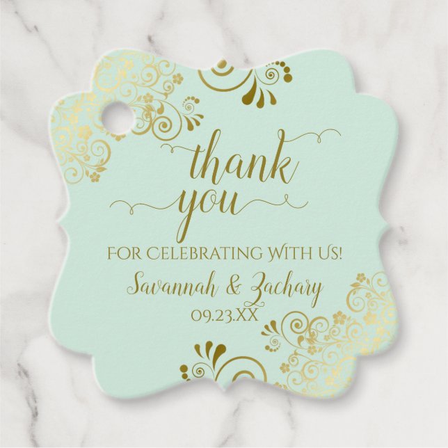 Étiquettes Cadeau Frilly Corners Mint Green & Gold Mariage Merci (Devant)