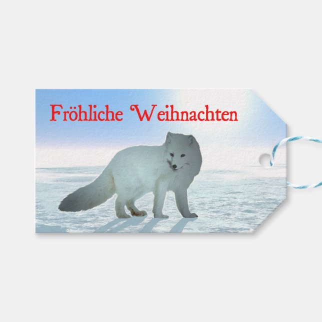 Étiquettes-cadeau Frohliche Weihnachten - Renard arctique (Devant (Horizontal))