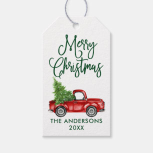 Étiquettes-cadeau Fun Calligraphie Vintage Camion Vert Noël