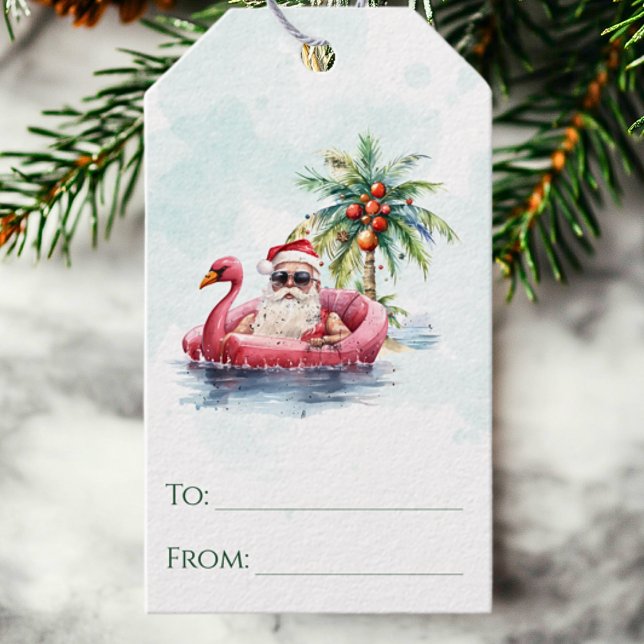 Étiquettes-cadeau Fun Coastal Santa Claus Beach Noël (Créateur téléchargé)