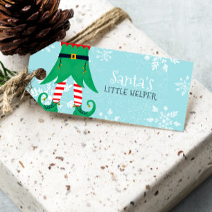 Étiquettes-cadeau Fun Noël Père Noël en  petite aide elf neiger bleu