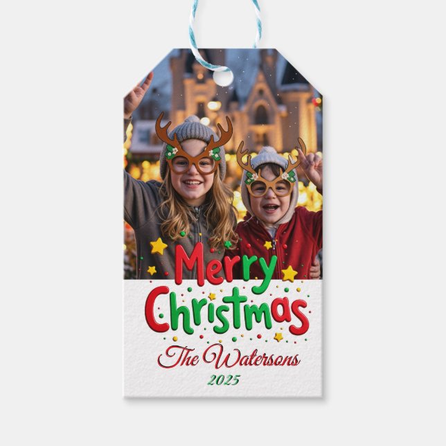 Étiquettes-cadeau Fun Retro Script Merry Christmas Letterpress Photo (Devant)
