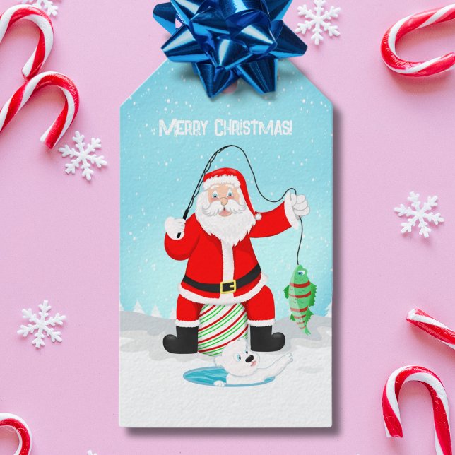 Étiquettes-cadeau Funky Père Noël Pêche Sur Glace Avec Ours Polaire (Créateur téléchargé)