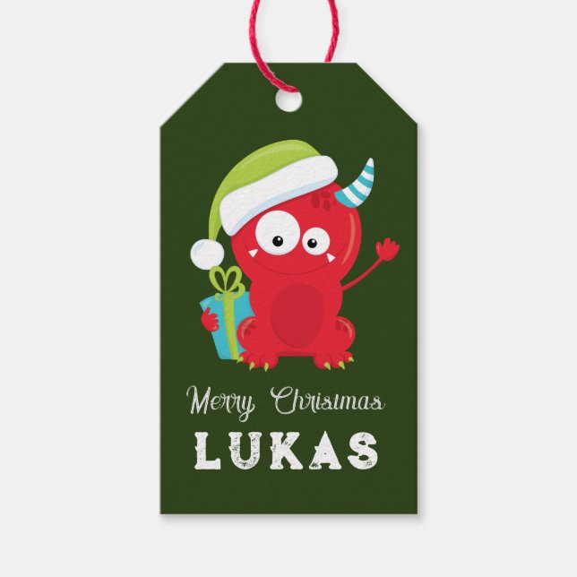 Étiquettes-cadeau Funky Red Christmas Monster Enfants Vacances (Devant)