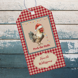 Étiquettes-cadeau Funny Peck the Halls Rooster Christmas Farmhouse