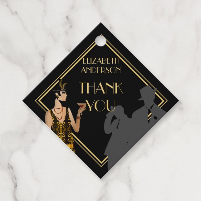Étiquettes Cadeau Gangster Moll années 20 Flapper Gatsby Fête NoirOr (Devant)