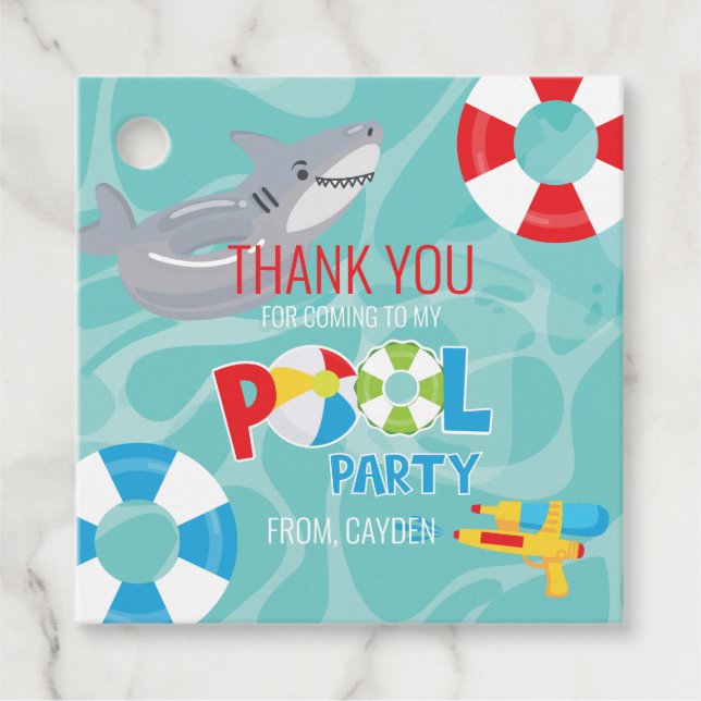Étiquettes Cadeau Garçon Pool Party anniversaire requin merci (Devant)