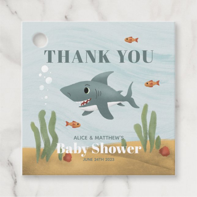 Étiquettes Cadeau Garçons Bleu Bleu Baby shower requin de mer (Devant)