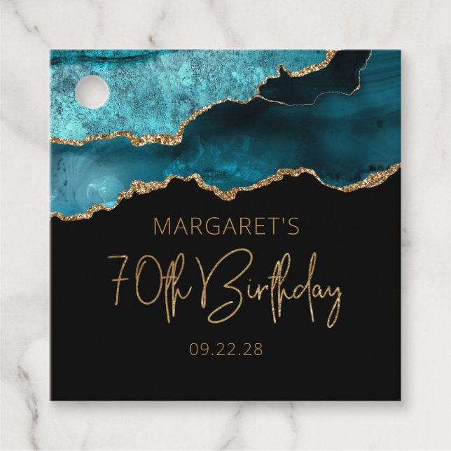 Étiquettes Cadeau Géode Agate Chic Gold Turquoise 70e anniversaire (Devant)
