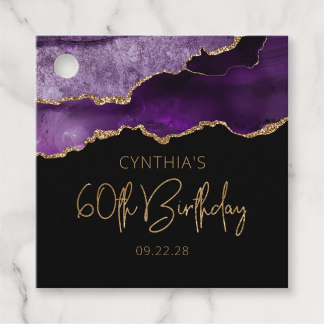 Étiquettes Cadeau Géode Agate Chic Purple Gold 60e fête d'anniversai (Devant)