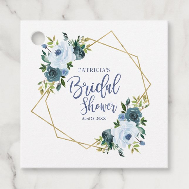 Étiquettes Cadeau Géométrique Bleu Poussiéreux Or Floral Fête de Mar (Devant)