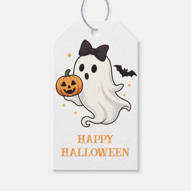 Étiquettes-cadeau Ghost mignon avec Bow et Citrouille | Halloween (Devant)