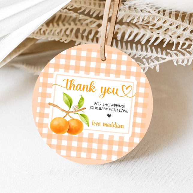 Étiquettes Cadeau Gingham Orange Baby Shower (Little Cutie Orange Baby Shower Favor Tags)